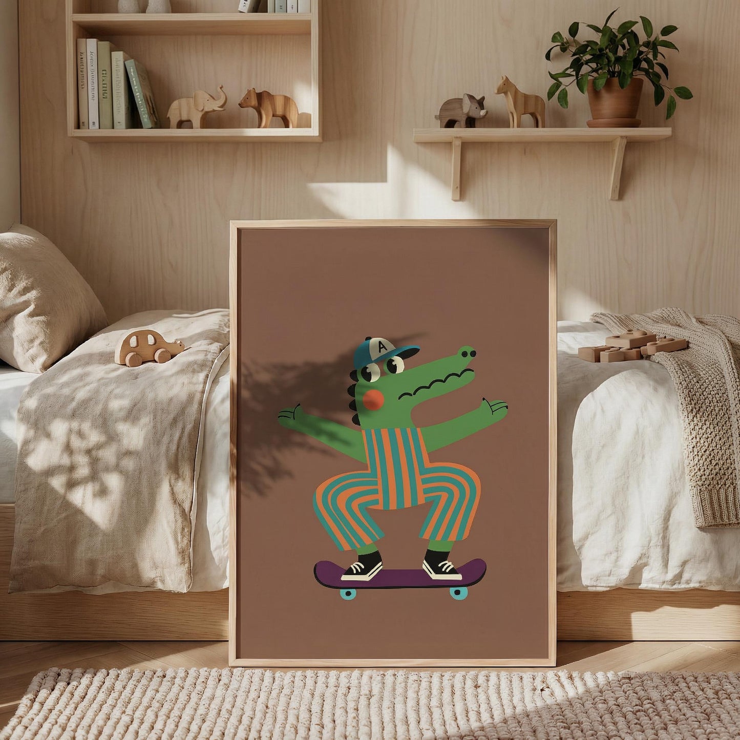 Skateboard Alligator Wall Art for Boys Room, Cute Cartoon Animal Canvas Print