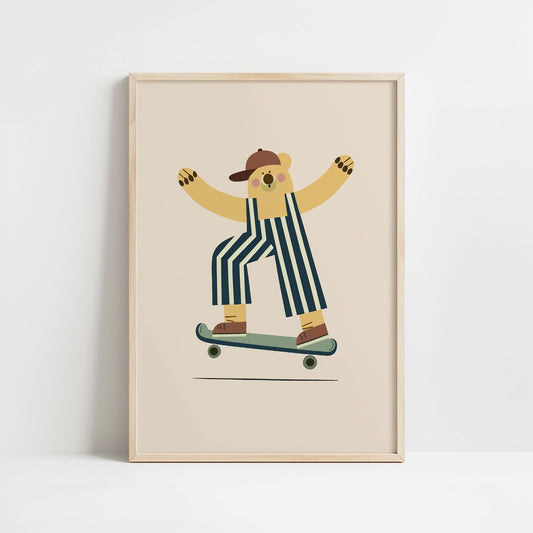 Skateboard Bear Wall Art for Boys Room, Cool Nursery Canvas Print