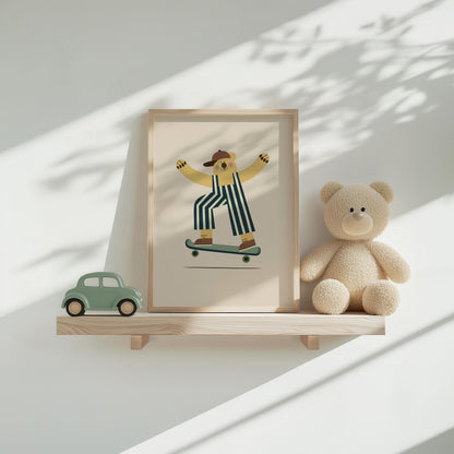 Skateboard Bear Wall Art for Boys Room, Cool Nursery Canvas Print
