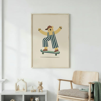 Skateboard Bear Wall Art for Boys Room, Cool Nursery Canvas Print
