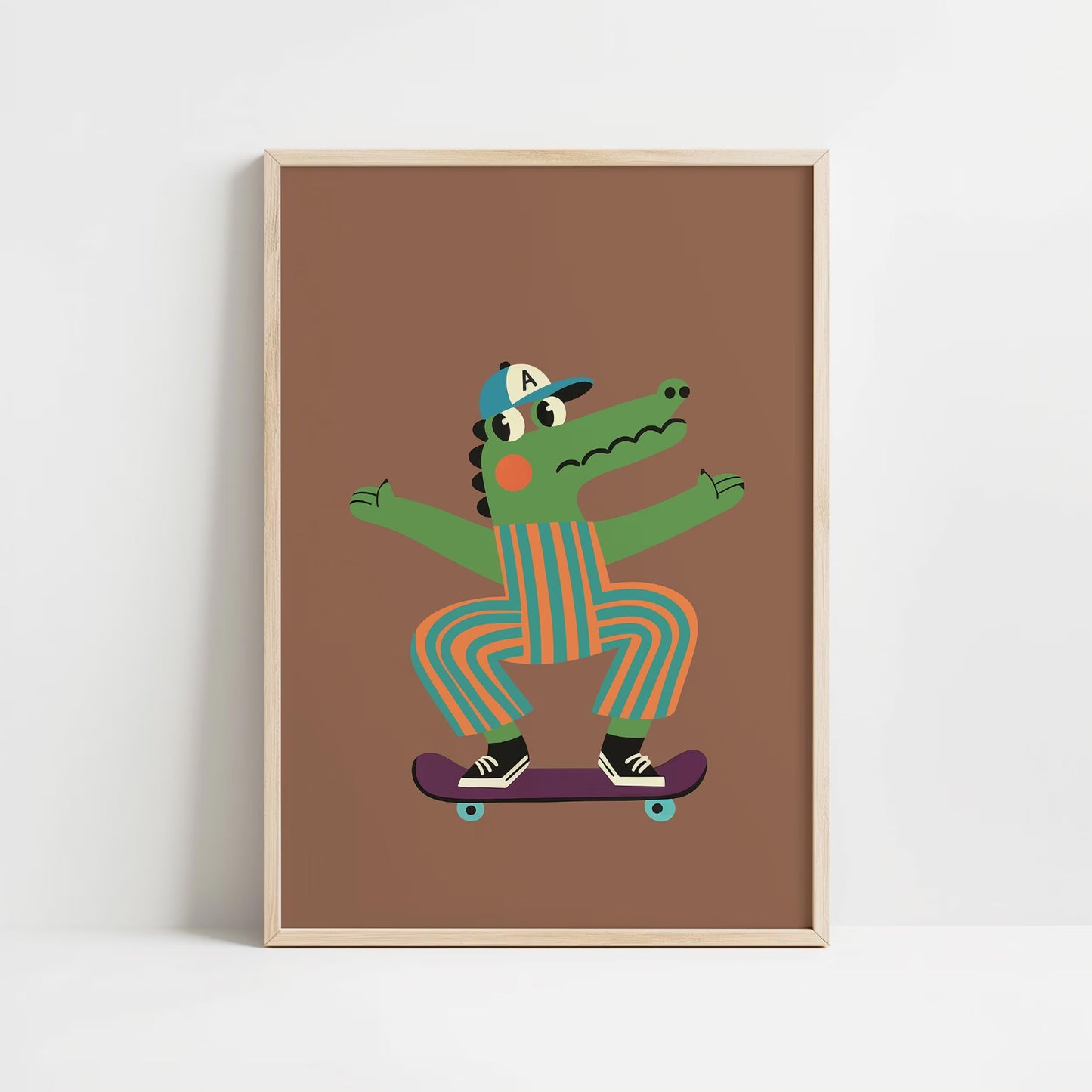 Skateboard Alligator Wall Art for Boys Room, Cute Cartoon Animal Canvas Print
