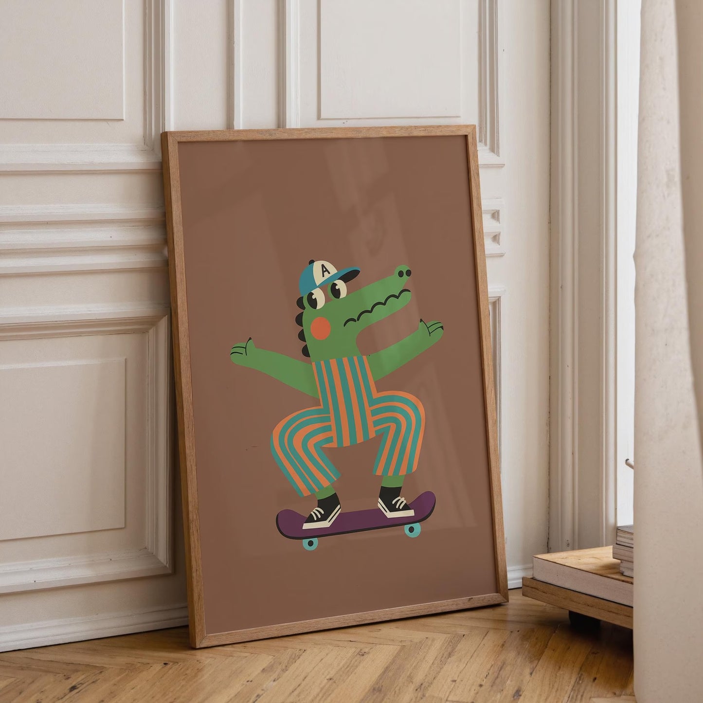 Skateboard Alligator Wall Art for Boys Room, Cute Cartoon Animal Canvas Print