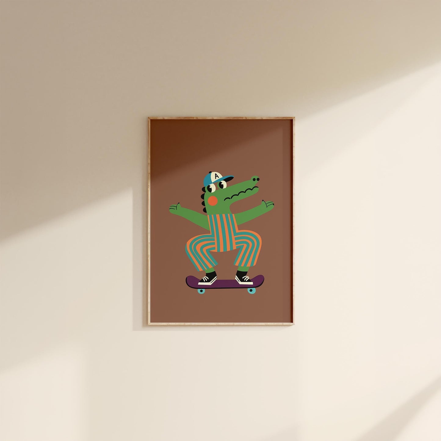 Skateboard Alligator Wall Art for Boys Room, Cute Cartoon Animal Canvas Print