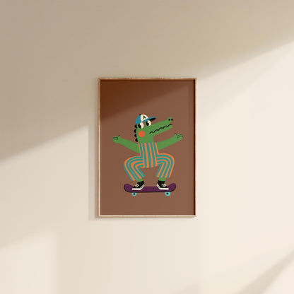Skateboard Alligator Wall Art for Boys Room, Cute Cartoon Animal Canvas Print