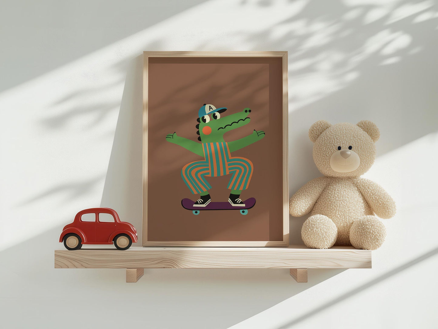 Skateboard Alligator Wall Art for Boys Room, Cute Cartoon Animal Canvas Print